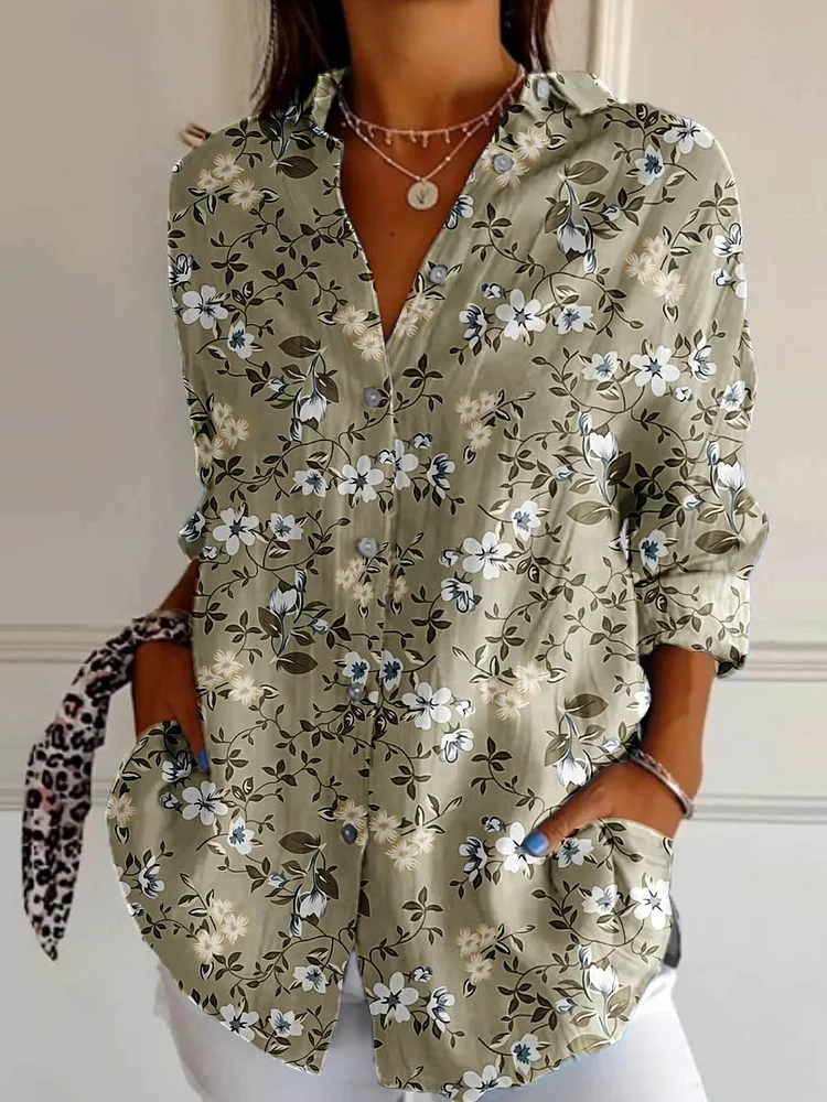 Vintage Floral Print Casual Long Sleeve Shirt