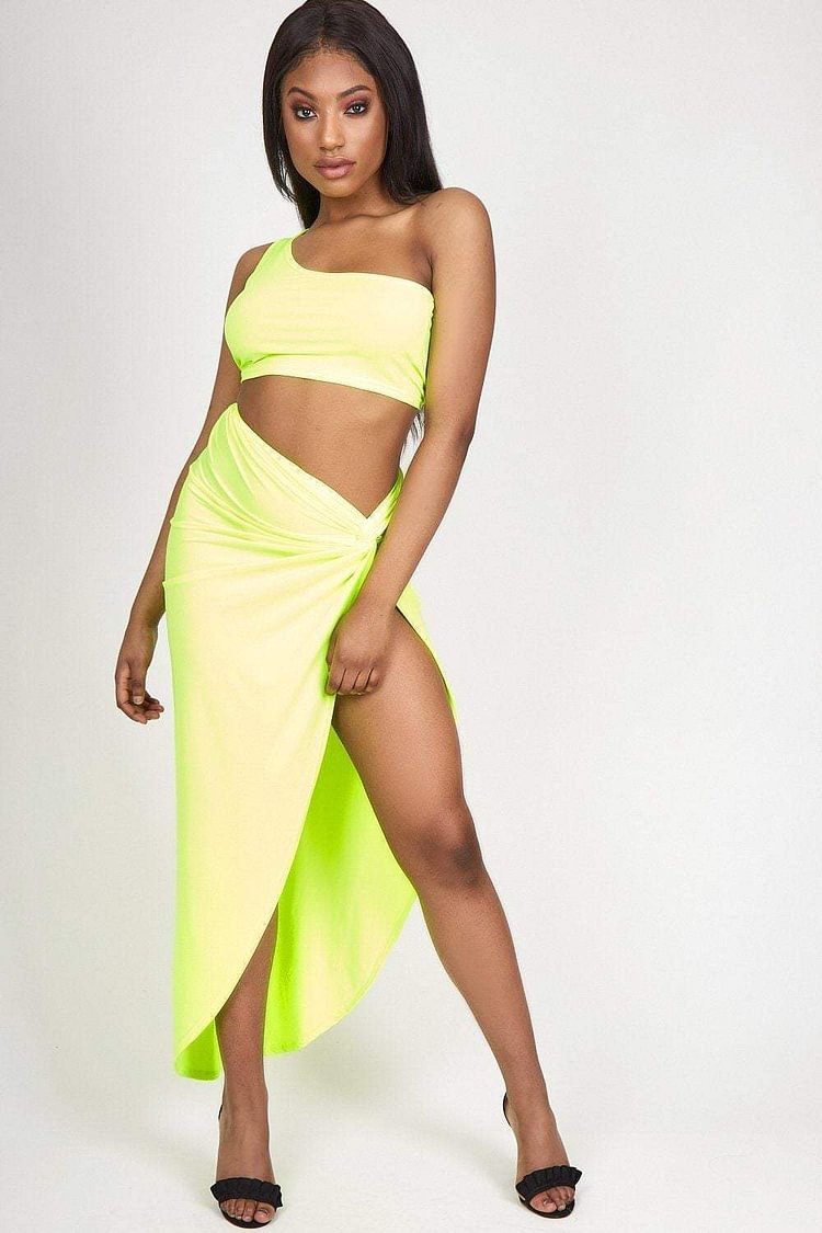 Neon Green Ruched Side Split Asymmetric Maxi Skirt Katch Me