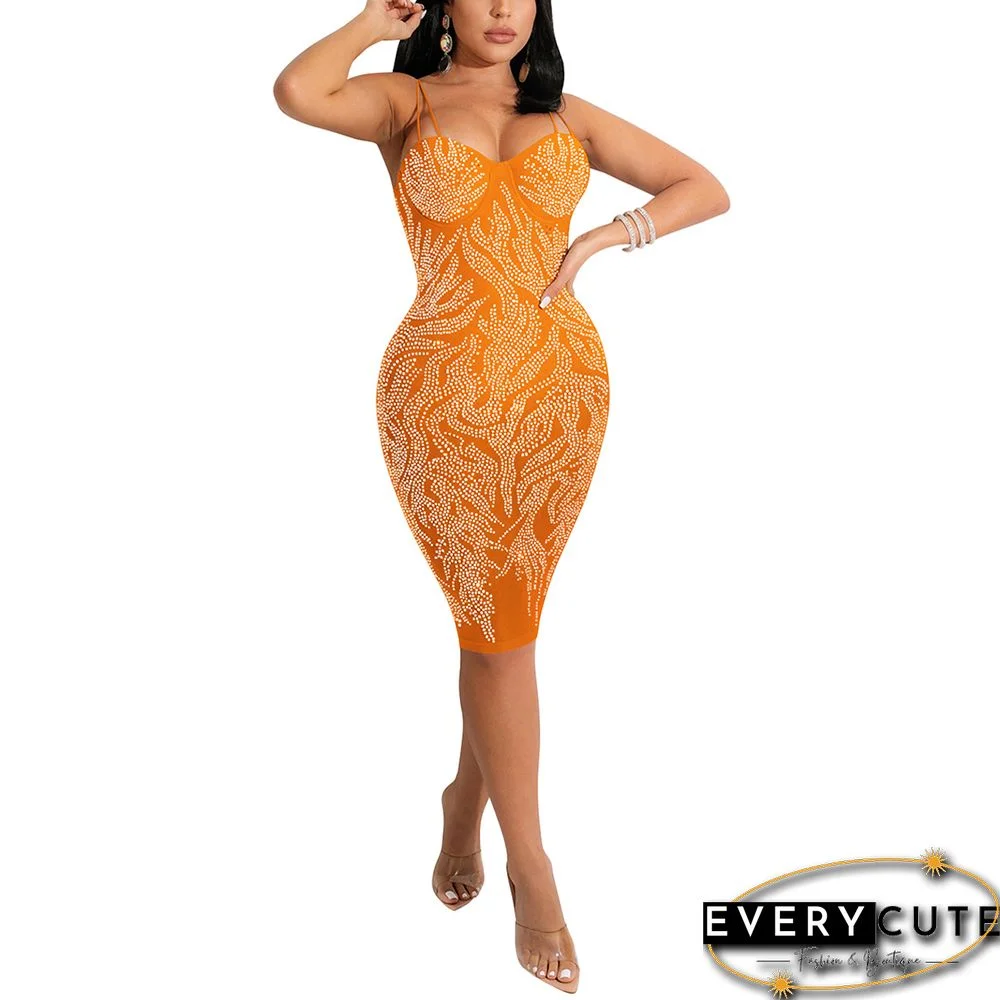 Orange Mesh Rhinestone Sling Club Dress