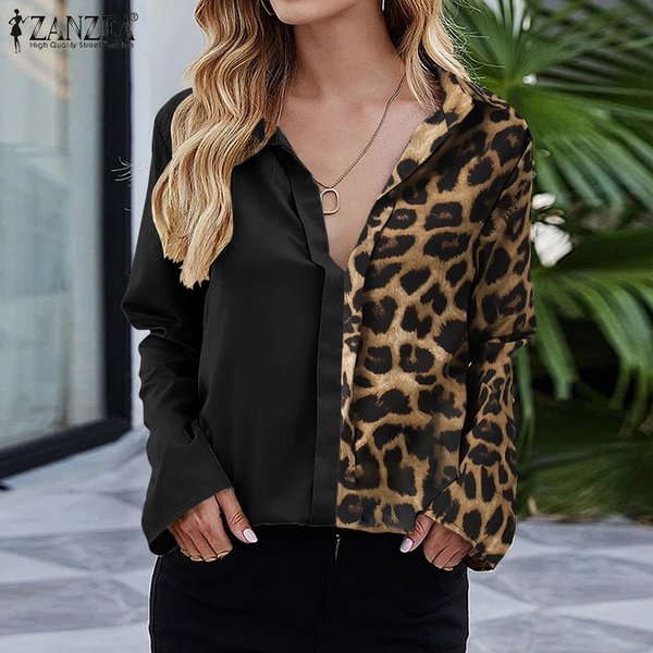 Women Leopard Printed Blouse Spring Lapel Long Sleeve Shirt Fashion Patchwork Tops OL Work Blusas - Shop Trendy Women's Clothing | LoverChic
