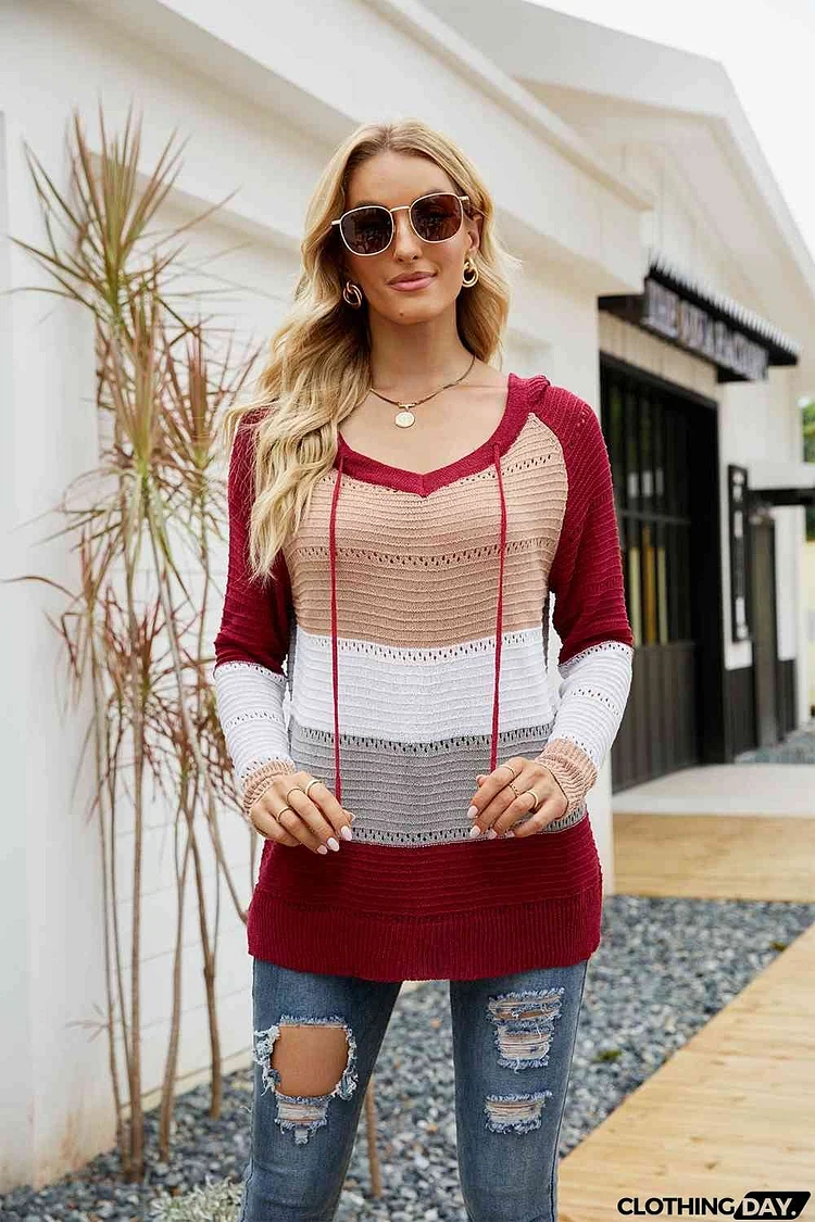 Color Block Drawstring Hooded Sweater