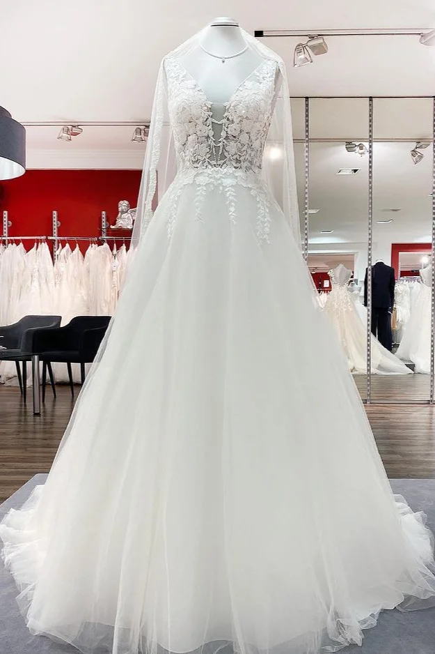 Elegant Long A-line Open Back Wedding Dress With V-Neck Tulle Lace