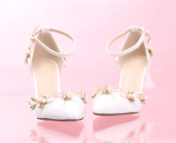 White Wedding Shoes Lace Satin Stiletto Heels Tassels Ankle Strap Pumps |FSJ Shoes