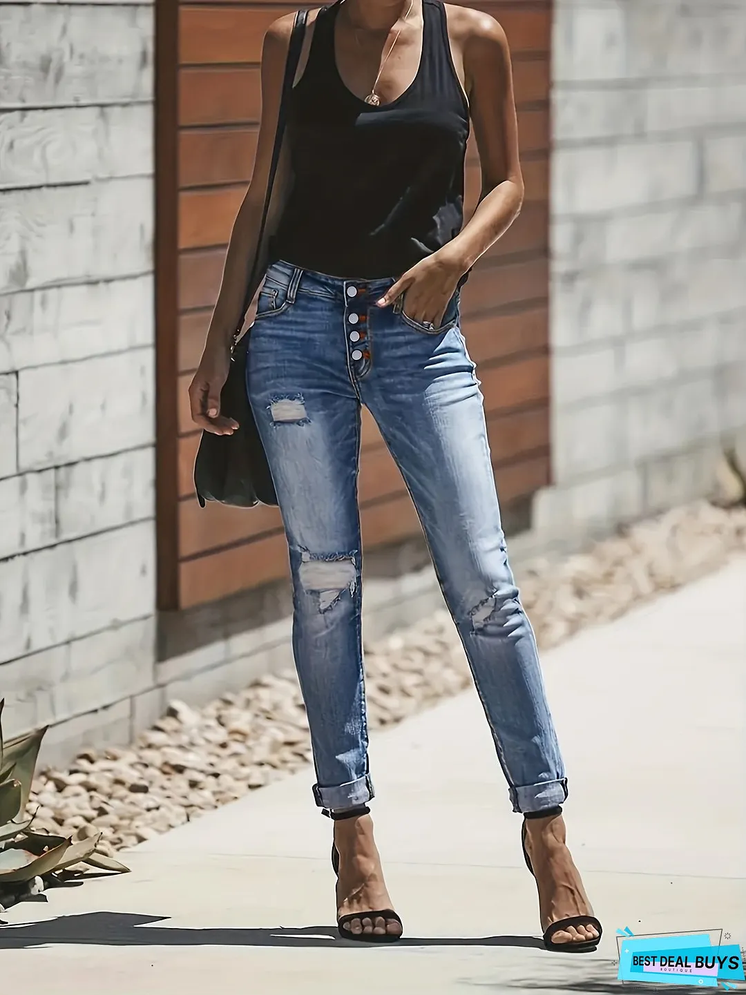 Blue Ripped Holes Denim Jeans, Slim Fit Single-Breasted Button High-Stretch Casual Denim Pants, Women's Denim Jeans & Clothing