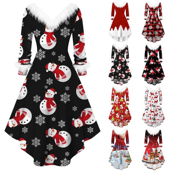 Plus Size Xs-5Xl Christmas Dress Fashion Women Long Sleeve Vintage Elegant V Neck Christmas Print Big Swing Party New Year Winter Clothes - BlackFridayBuys