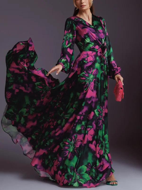 V-Neck Long Sleeve Print Maxi Dress