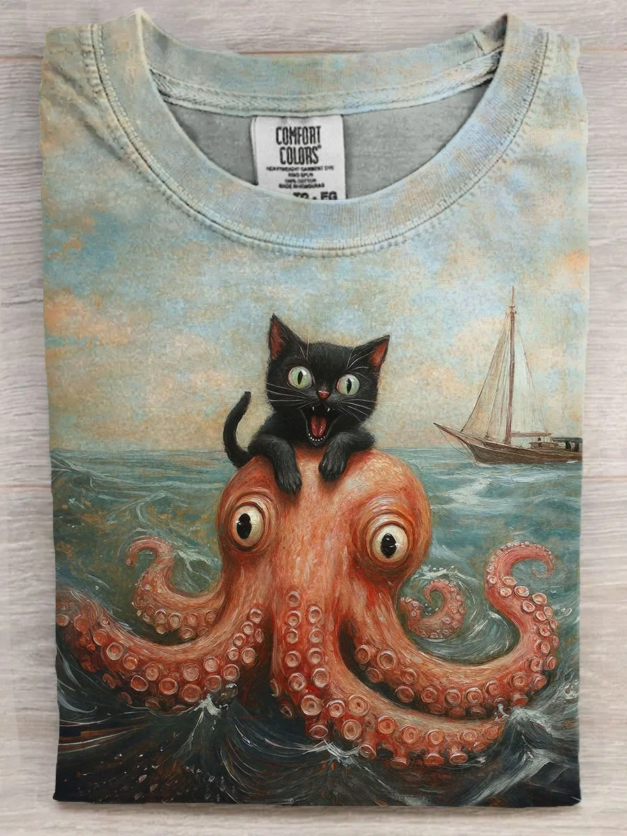 Eagerlys  Fun Black Cat Vs Octopus Art Print T-shirt Eagerlys