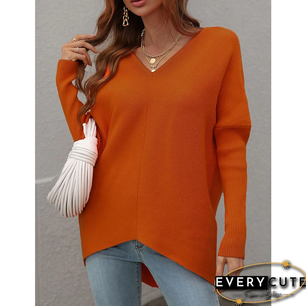 Orange V-neckline High Low Knit Sweater
