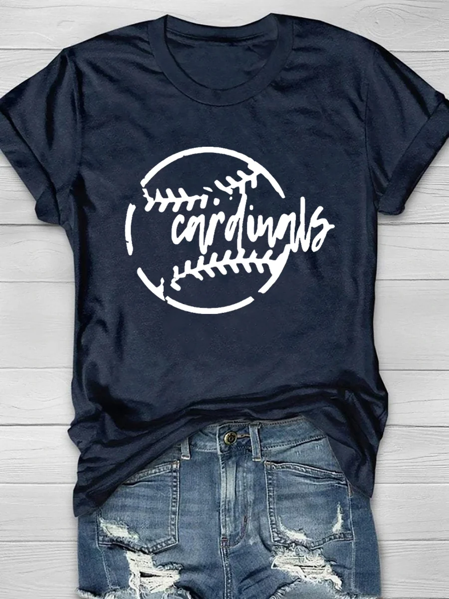 Cute Softball And Baseball Cardinals Print Short Sleeve T-Shirt