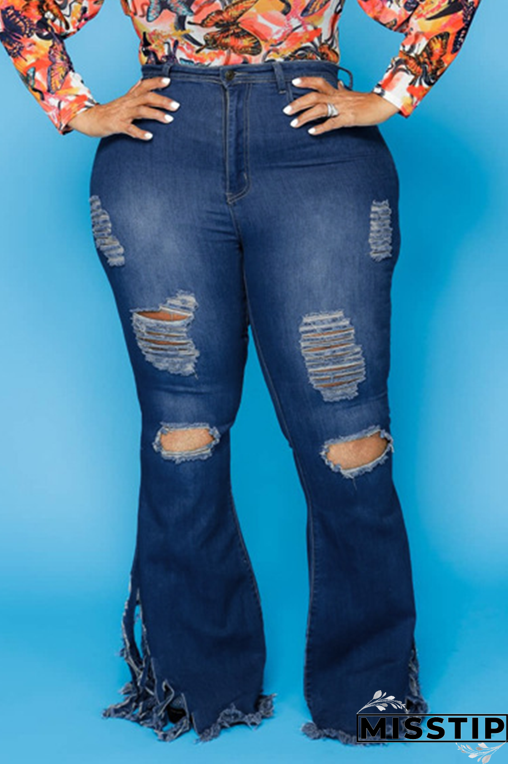 Dark Blue Sexy Solid Ripped Plus Size Jeans