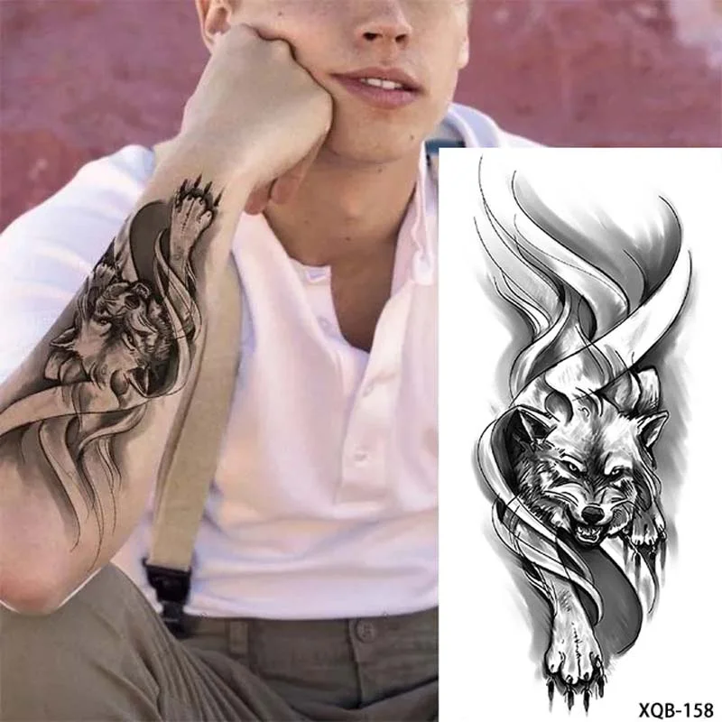 Sdrawing Forest Tattoo Sticker for Men Women Tiger Wolf Death Skull Temporary Tattoo Fake Henna Skeleton King Animal Tatoo Pattern