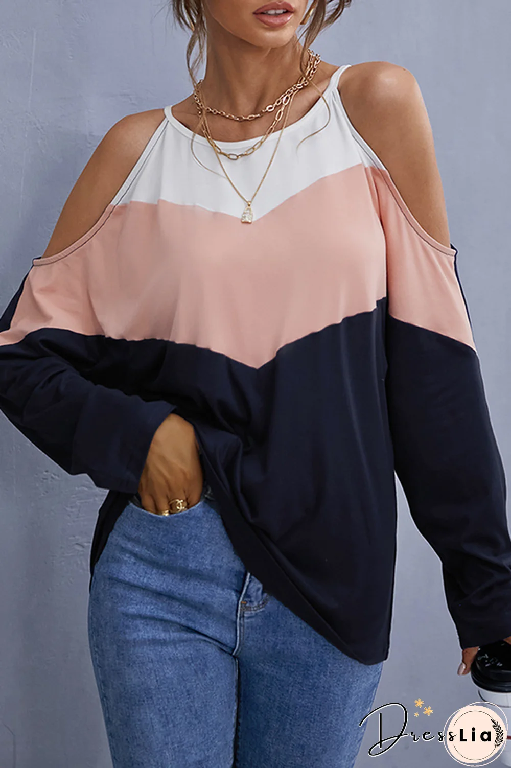 Casual Patchwork Hollowed Out  Contrast O Neck Tops