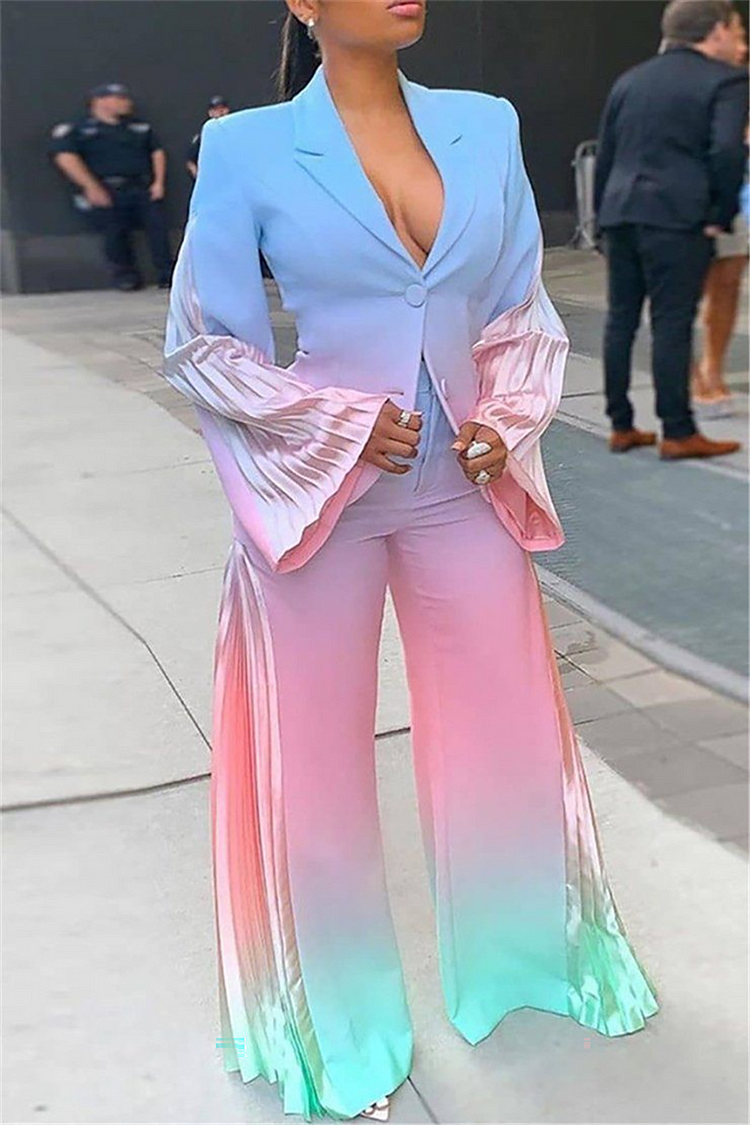 Plus Size Formal Pant Set Pink Gradient Pleated Wide Leg Blazer Suit Two Piece Pant Set [Pre-Order]