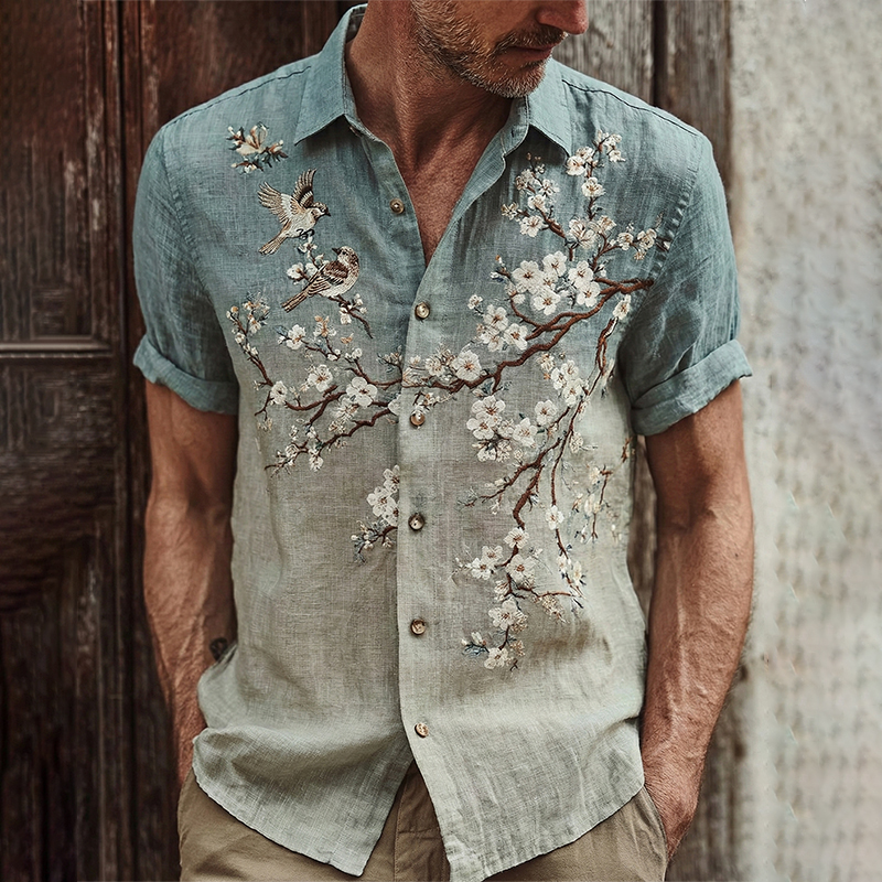 Men's Japanese Cherry Blossom And Bird Art Pattern Short Sleeve Shirt  artssus