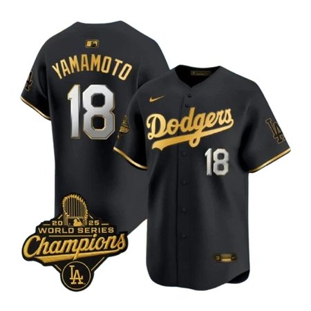 Youth Los Angeles Dodgers #18 Yoshinobu Yamamoto  Black Golden 2025 World Series Champions Home Limited Jersey