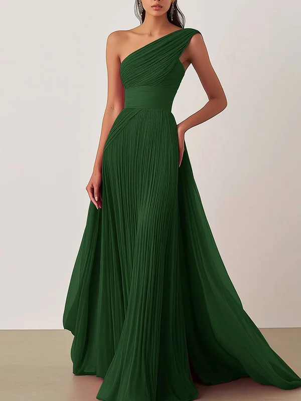 Prom Formal Pleated Dress Rose Color One-Shoulder Floor-Length Dress