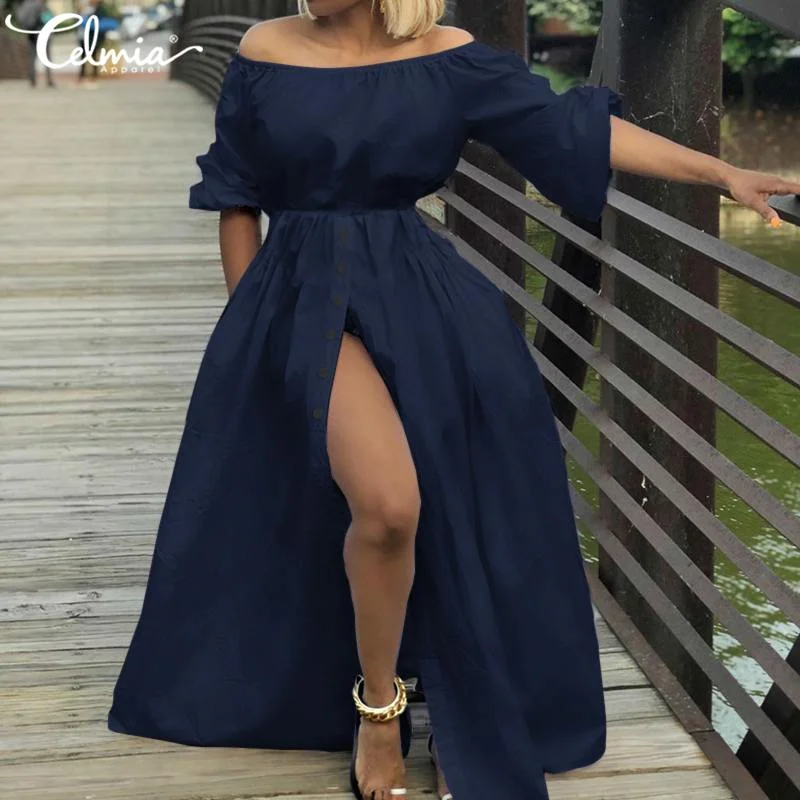 Celmia 2022 Summer High Split Sexy Dress Women Casual Off Shoulder Long Dress Loose Solid High Waist Buttons Party Sundress Robe