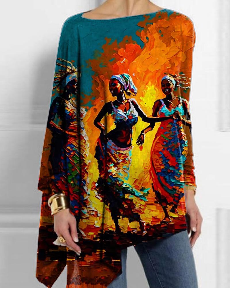 Art black printed long sleeve irregular hem top