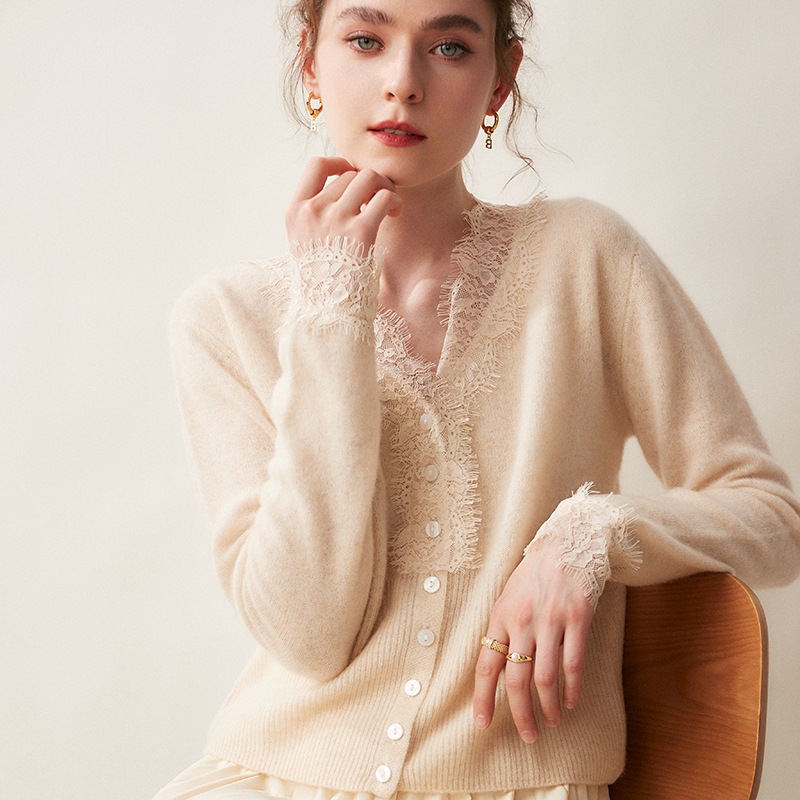 Lace Trimmed Cashmere Cardigan REAL SILK LIFE