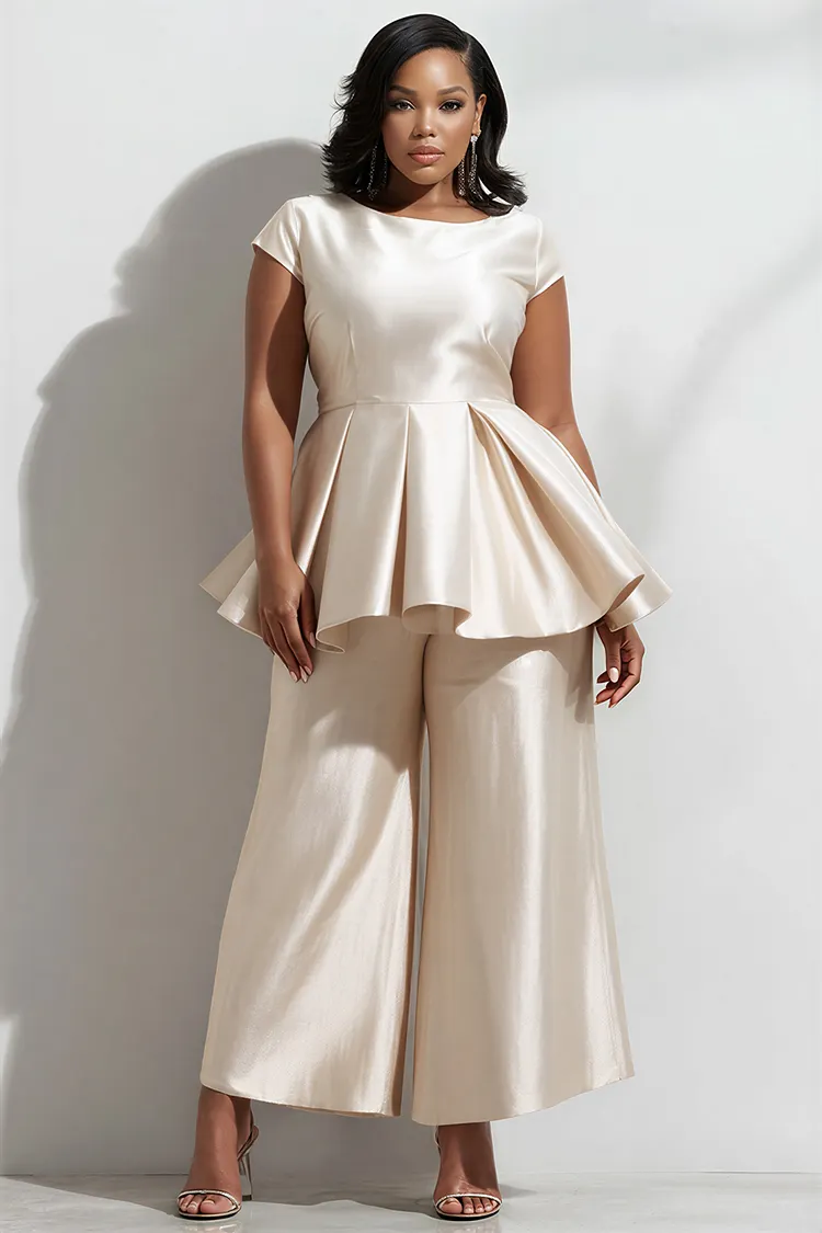 Xpluswear Design Plus Size Cocktail Party Champagne Round Neck Short Sleeve Ruffle Wide Leg Satin Two Piece Pant Sets [Pre-Order] 2024 - Xpluswear
