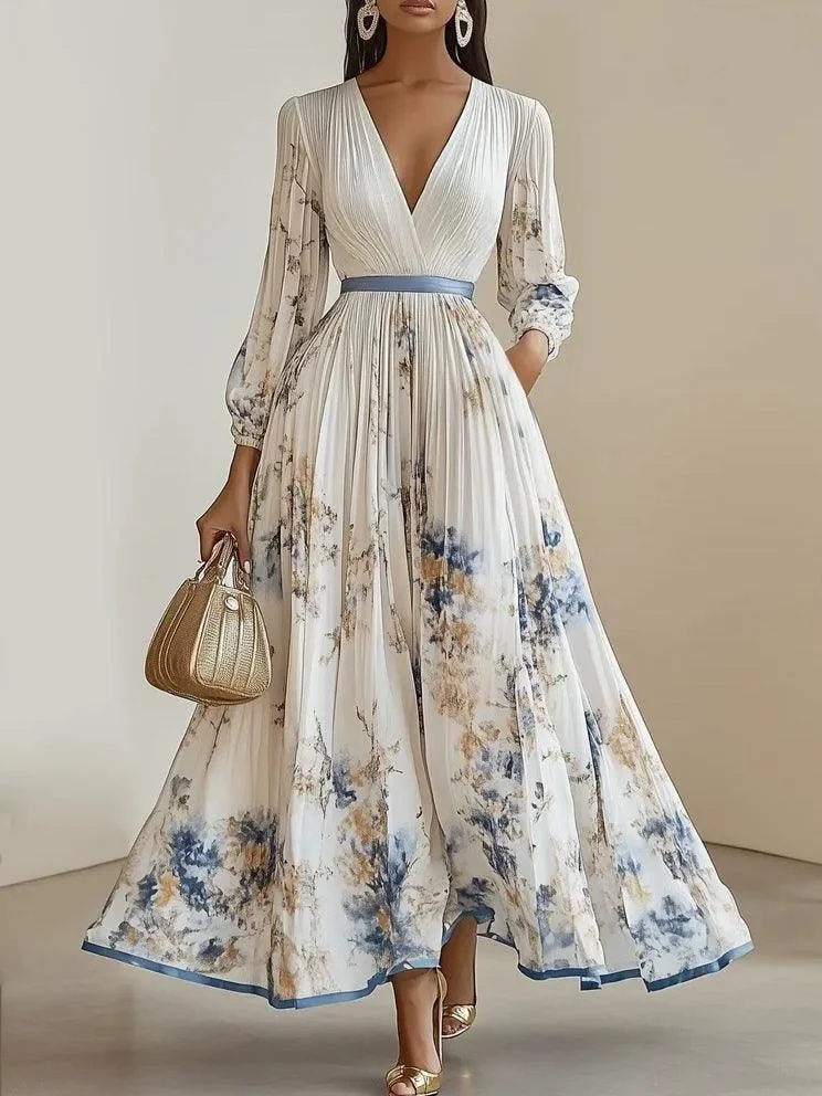 Spring New White Pleated Chiffon V Neck Floral Long Sleeve Balloon Sleeve A-Line Maxi Dress