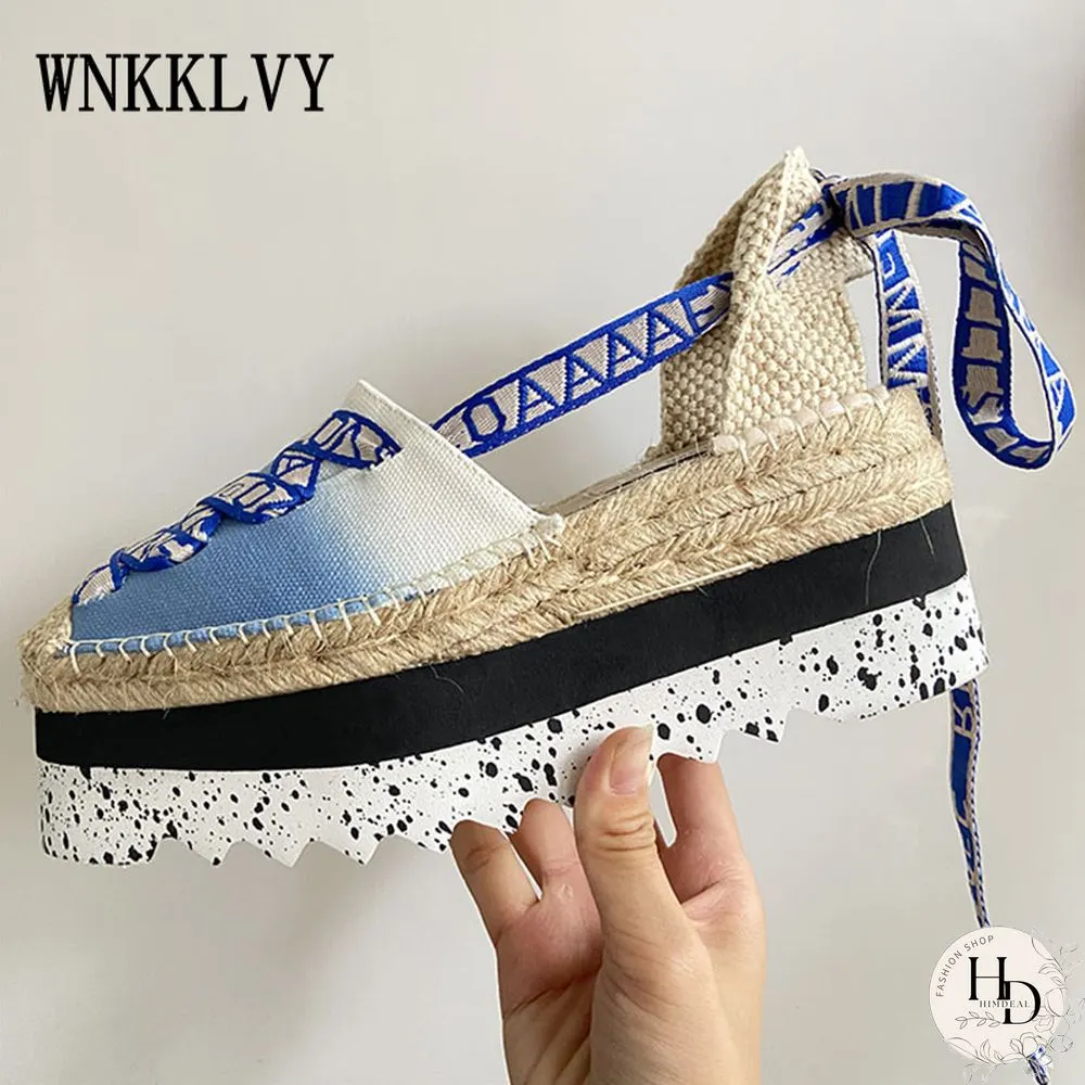 Flat Platform Denim Cloth Sandals Women Thick Sole Mixed Color Ankle Strappy Sandalias
