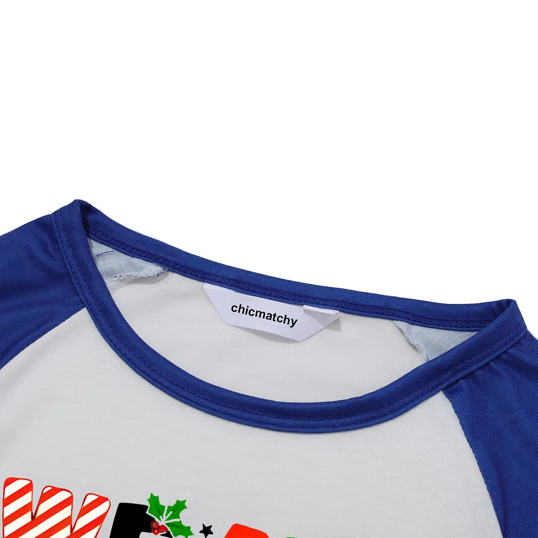 Christmas "We are Family" Colorful Multi-Element Letter Print Blue & Black Plaid Family Matching White Pajamas With Dog