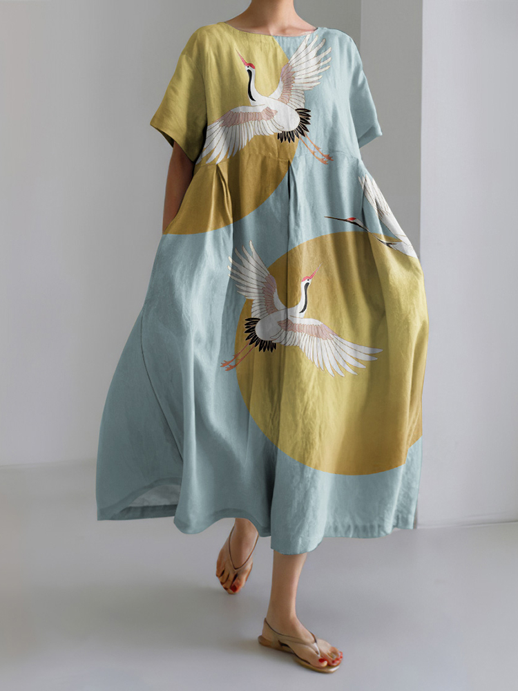 Comstylish Japanese Art Crane Print Short Sleeve Midi Dress