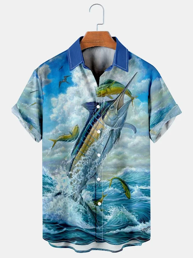 Men's Holiday Beach Casual Hawaiian Shirts Fishing Ocean Fish Wrinkle Free Plus Size Tops