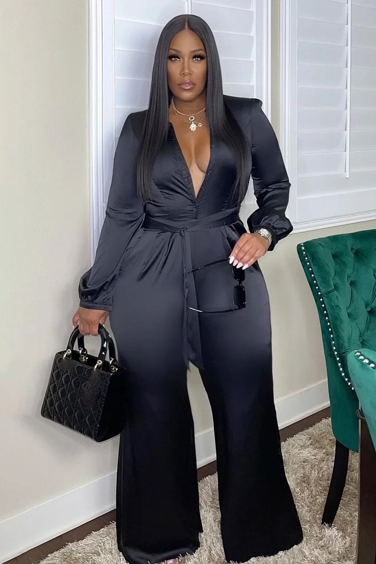 Plunge Neck Long Sleeve Tie Belt Flared Leg Solid Color Casual Jumpsuit-Black
