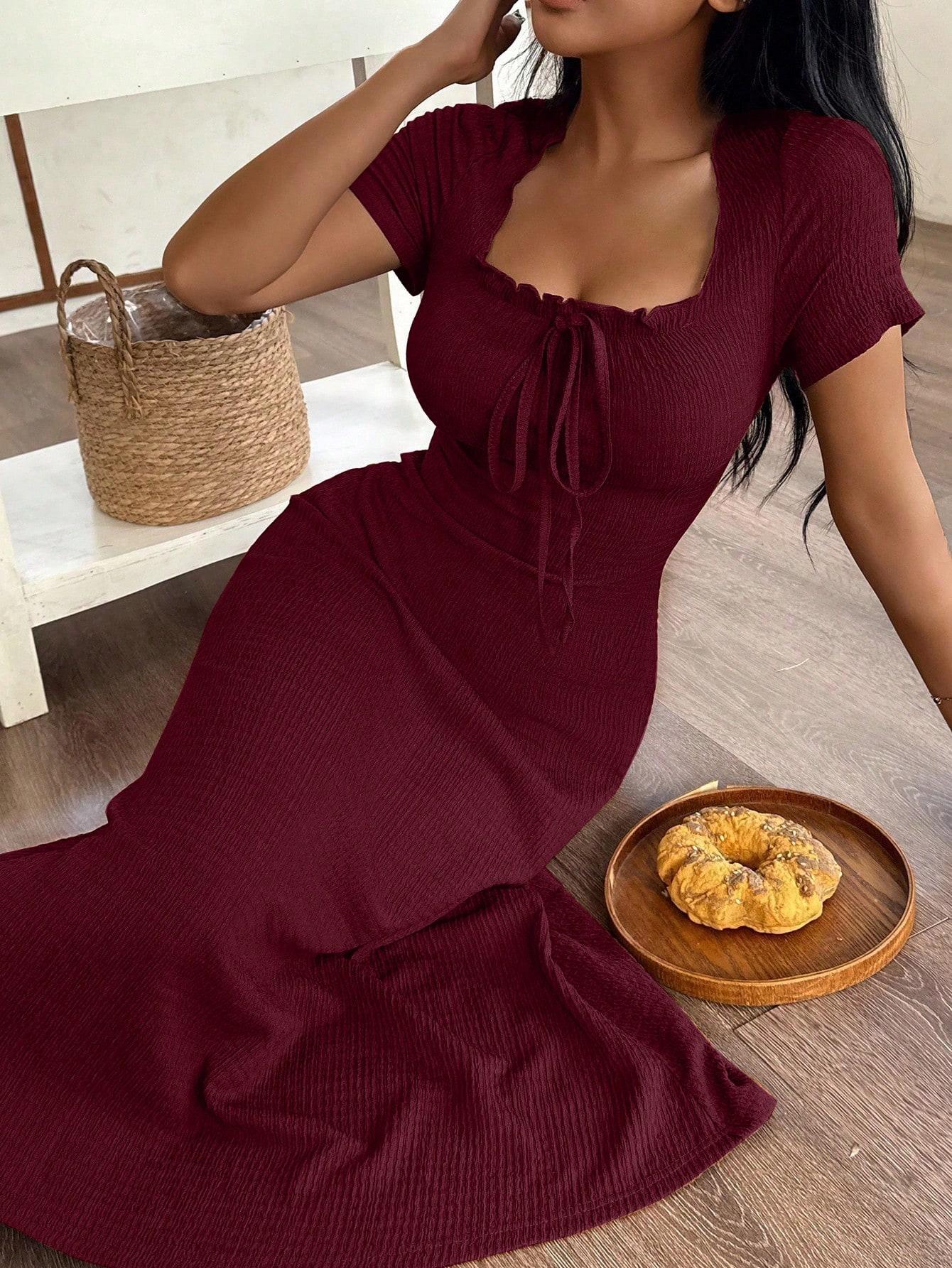 Women's Casual Solid Color Jacquard Gathered Ruffle Trim Square Neck Maxi Loungewear Dress Brown Dress Lounge Dress Summer Dress Tie Front Dress Midi Dress