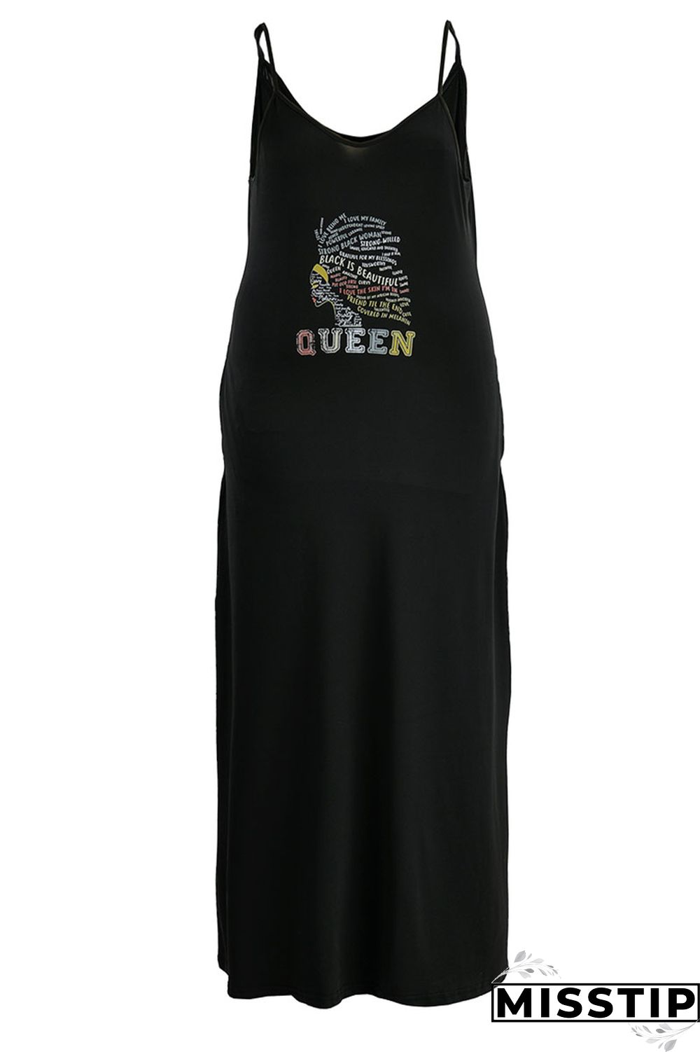 Black Casual Print Patchwork Spaghetti Strap Sling Dress Plus Size Dresses