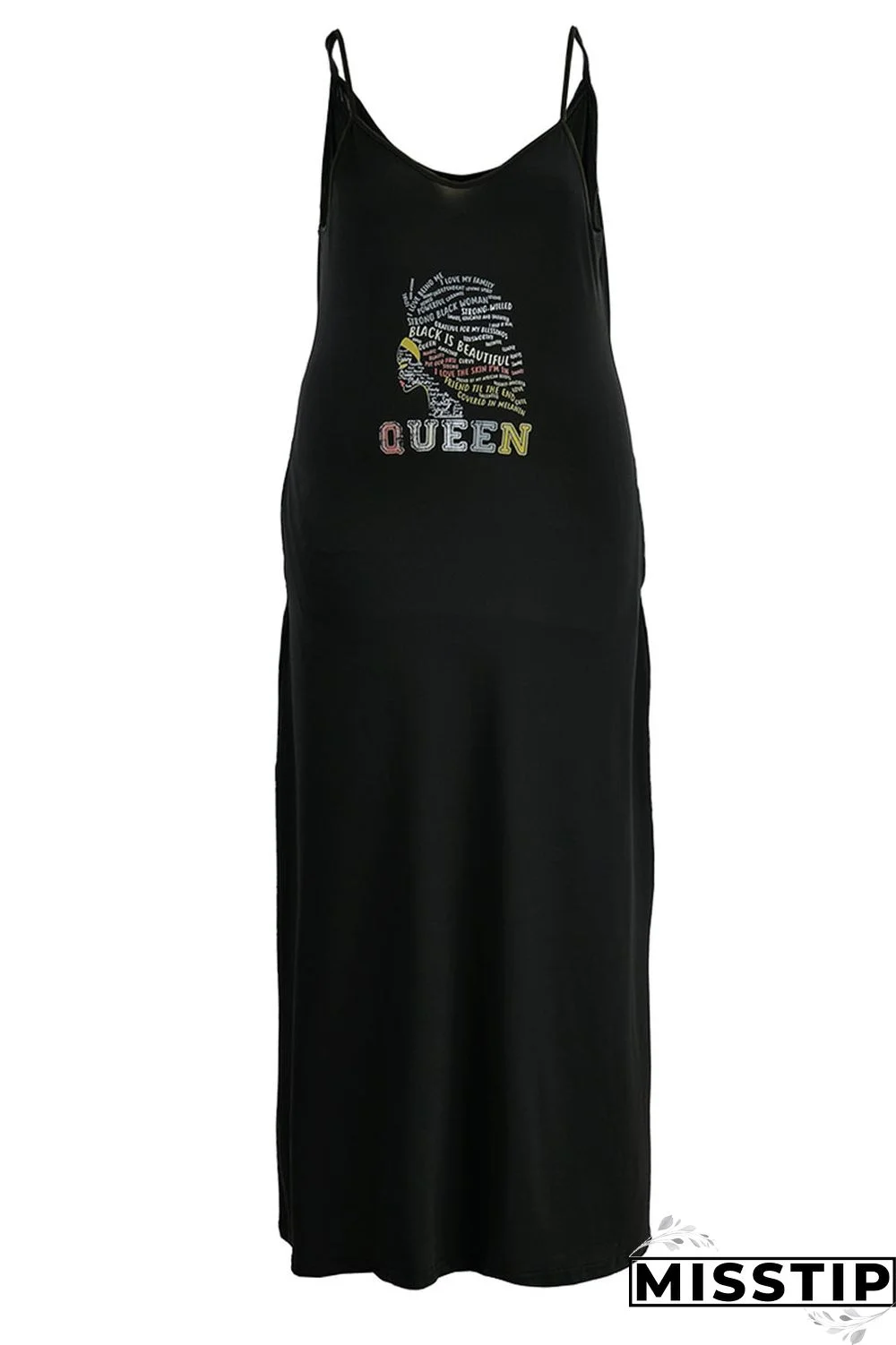 Black Casual Print Patchwork Spaghetti Strap Sling Dress Plus Size Dresses