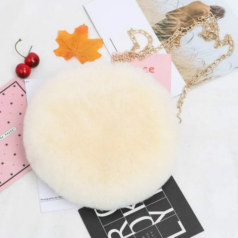 2021 Fashion Women's Round Shaped Handbags Cute Kawaii Faux Fur Crossbody Bags Wallet Purse Chain Shoulder Bag Lady Girl Handbag