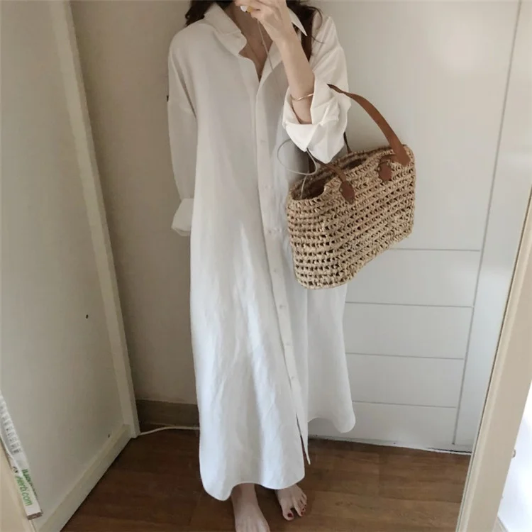 Loose Cotton Linen Long Sleeve Maxi Dress