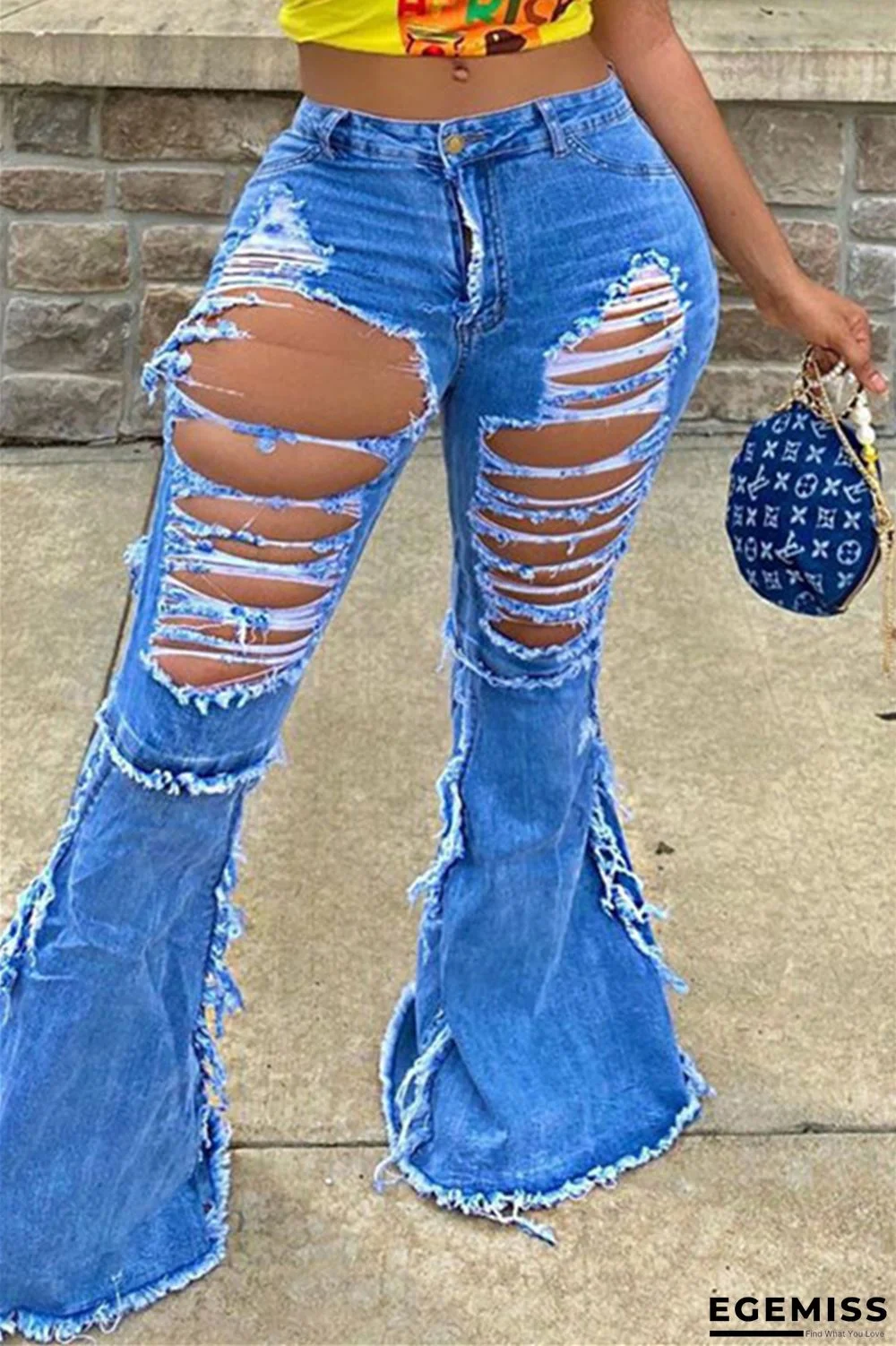 Blue Fashion Casual Adult Solid Ripped Mid Waist Boot Cut Denim | EGEMISS