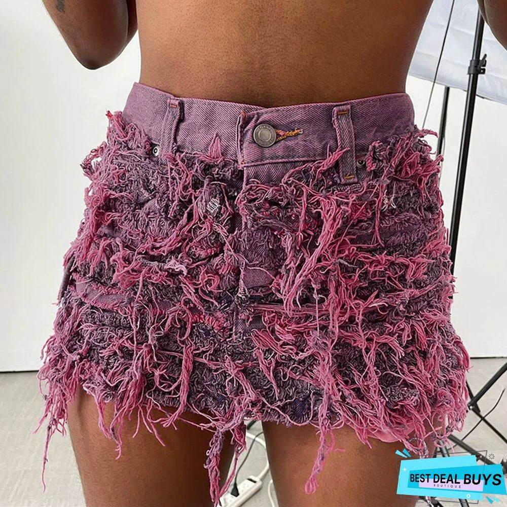 Women's Summer Bright Tassel Tight Fitting Non-Stretch Denim Skirt