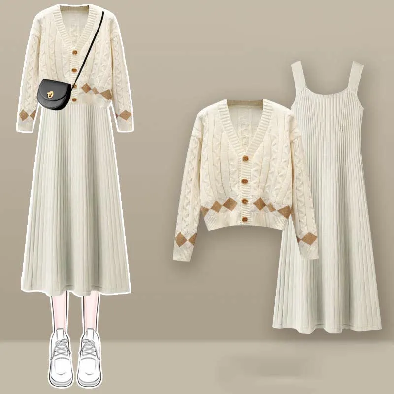 Rhombus Print Cardigan Sweater Slip Dress Two Pieces