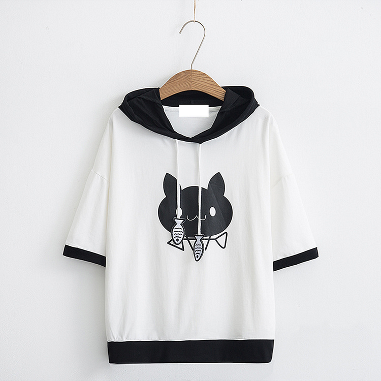 Kitty Black White Colorblock Hooded T-shirt - Modakawa Modakawa