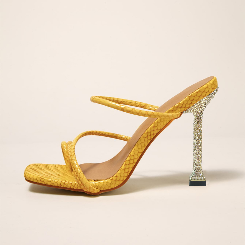 Yellow Open Toe 4'' Decorative Heel Strappy Mules Nicepairs