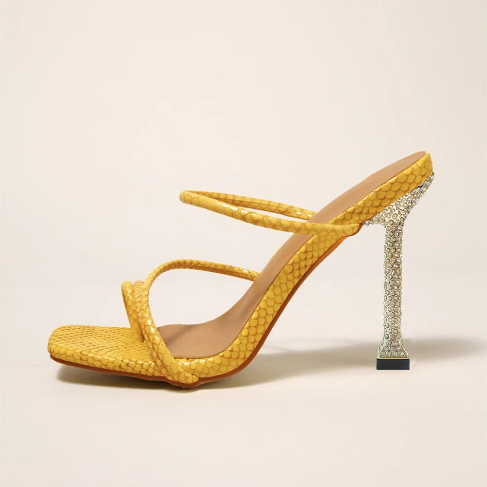 Yellow  Python Opened Toe Strappy Mules With Decorative Heels Nicepairs