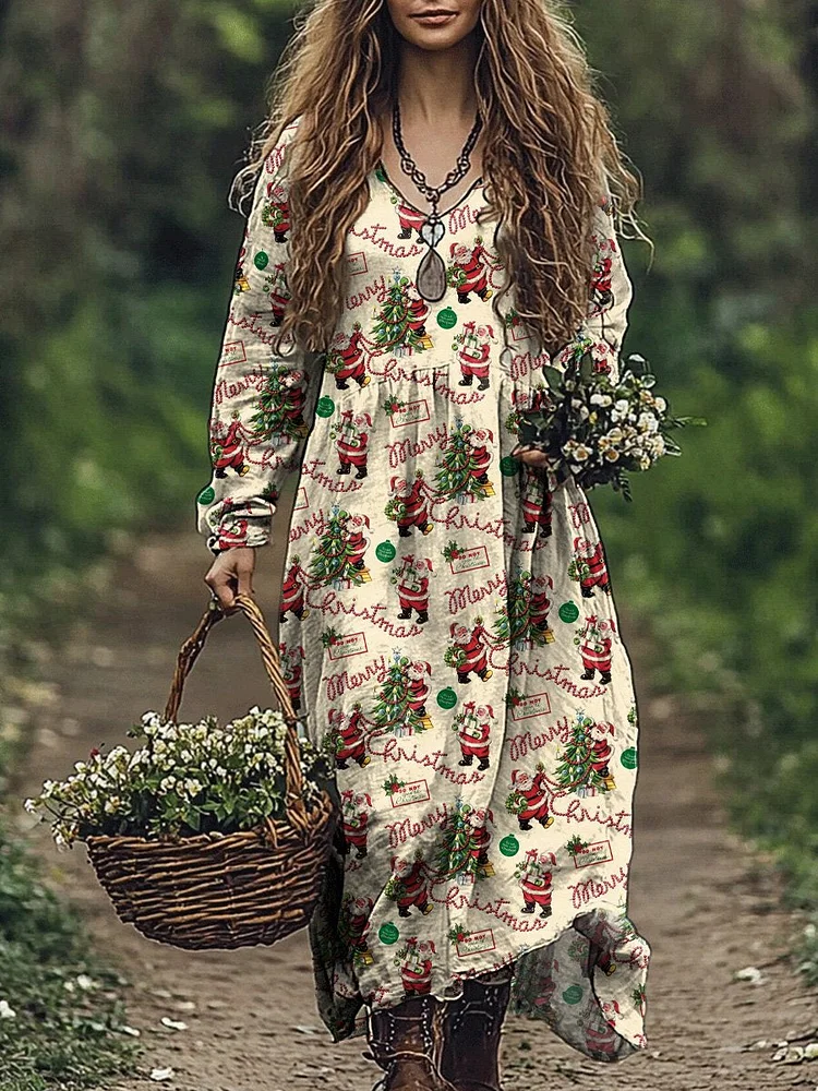 Retro Style Christmas Pattern Printed Women's Pocket Cotton Dress