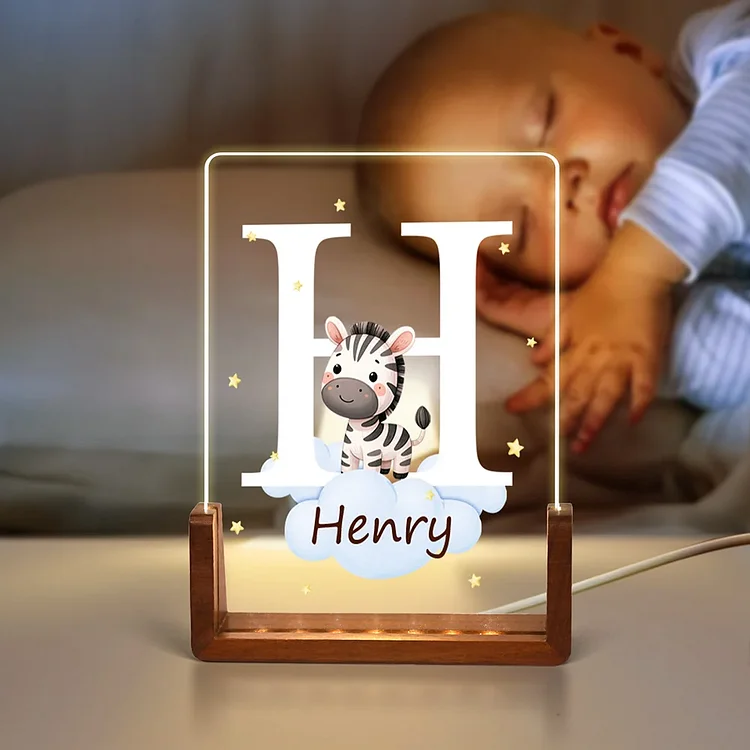Personalized Cute Forest Animal Acrylic Cloud Star LED Night Light with Wooden Base Name and Initial Birthday Children's Day Gift for Boys Girls