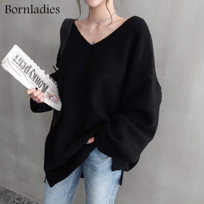 Bornladies 2021 Autumn Winter Korean Style V-Neck Womens Knitted Sweaters Regular Winter Clothes for Women Warm Pullovers