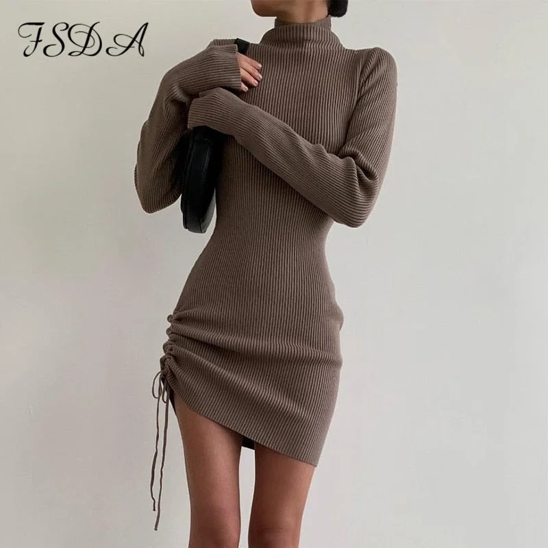 FSDA Turtleneck 2021 Knitted Dress Bodycon Women Ruched Mini Long Sleeve Brown Sexy Elegant Dresses Party White