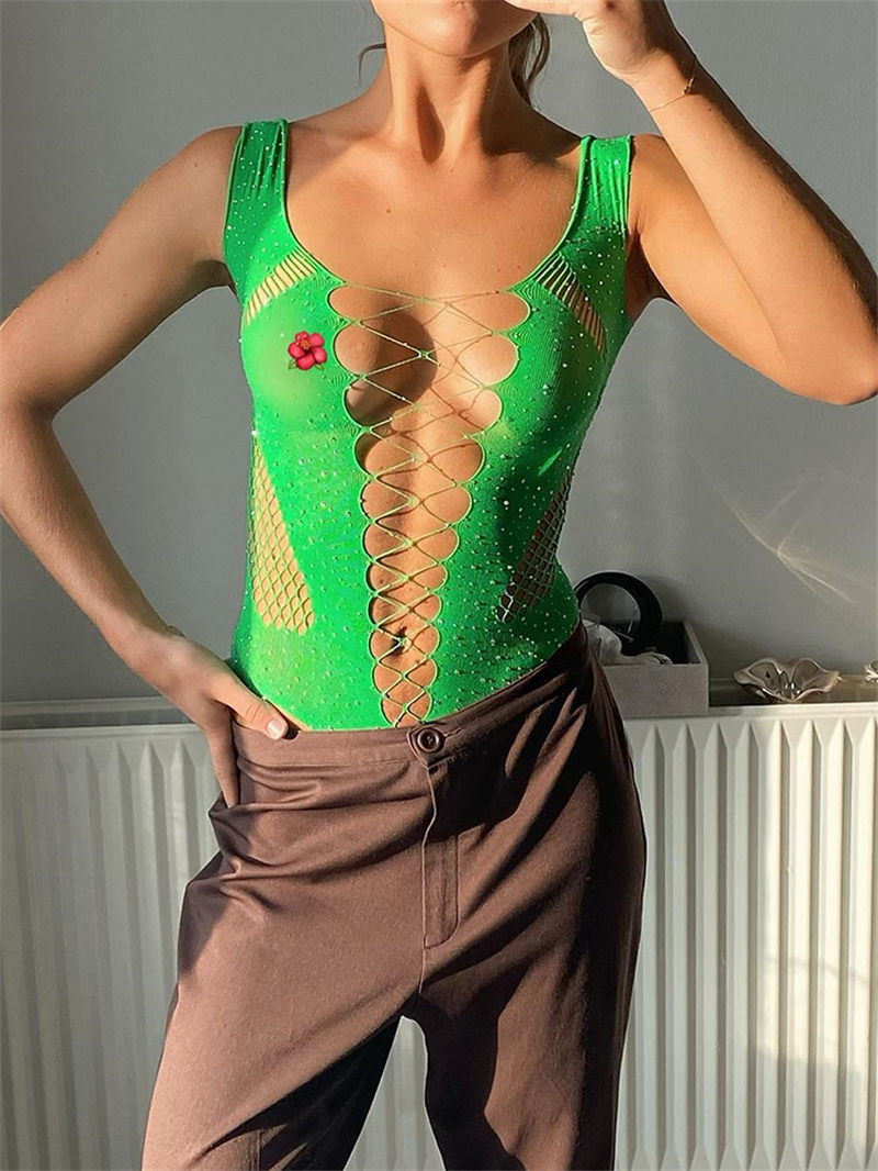 See Through Sparkly Mesh Bodysuit Women Long Sleeve Rhinestone Body Tops Hot Drill Female Party Nightclub Sexy Lingerie