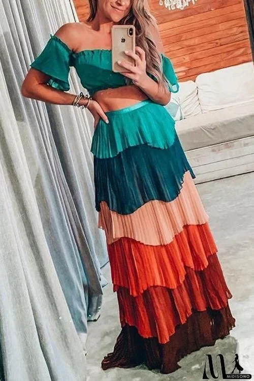 MidiSono - Pleat Layers Off Shouder Skirt Dress