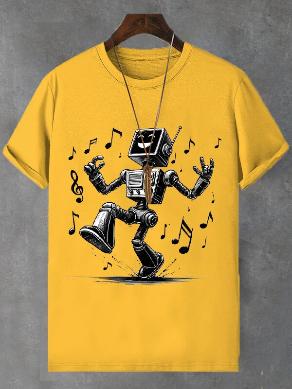 100% Cotton Men's Happy Singing Robot Print  Casual T-Shirt