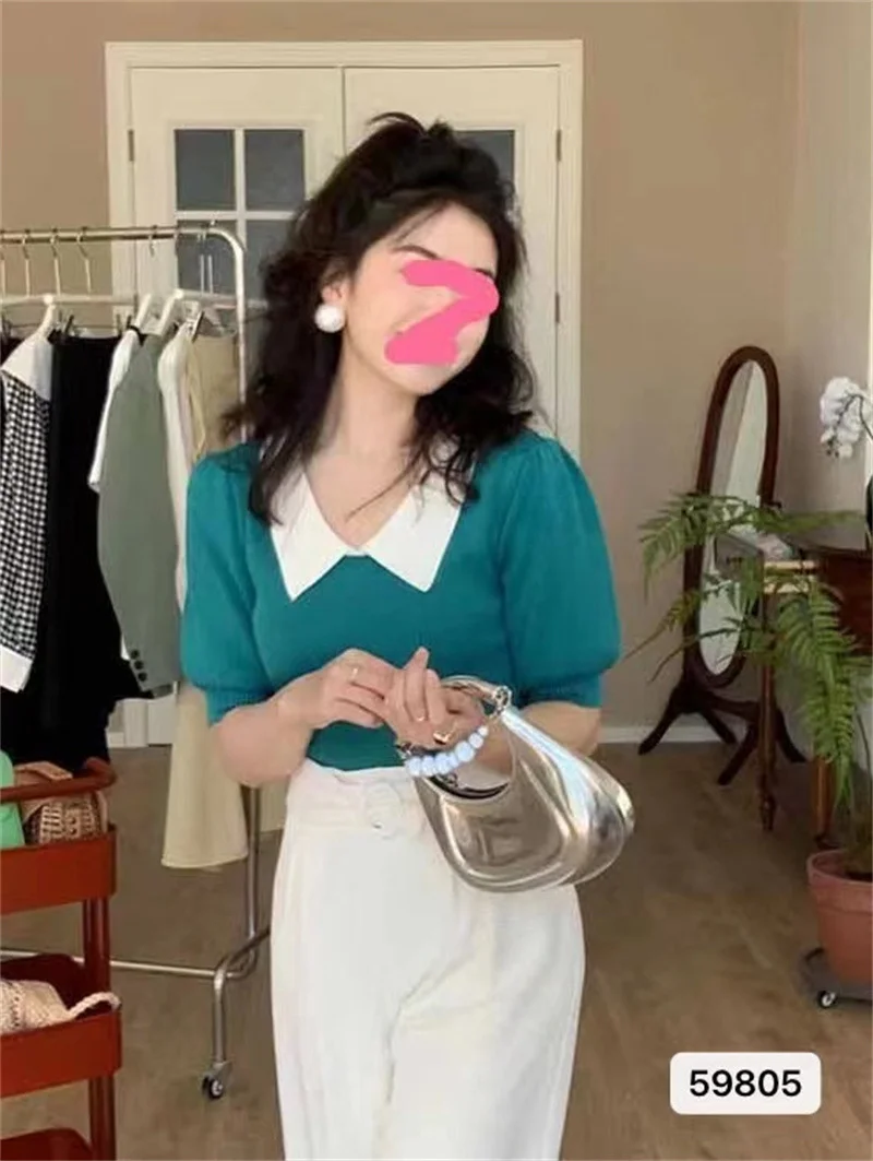 Uveng Uveng Retro Bubble Sleeve Knitted T-Shirt Women Design Small Short Top Summer New Ice T-Shirt Tide