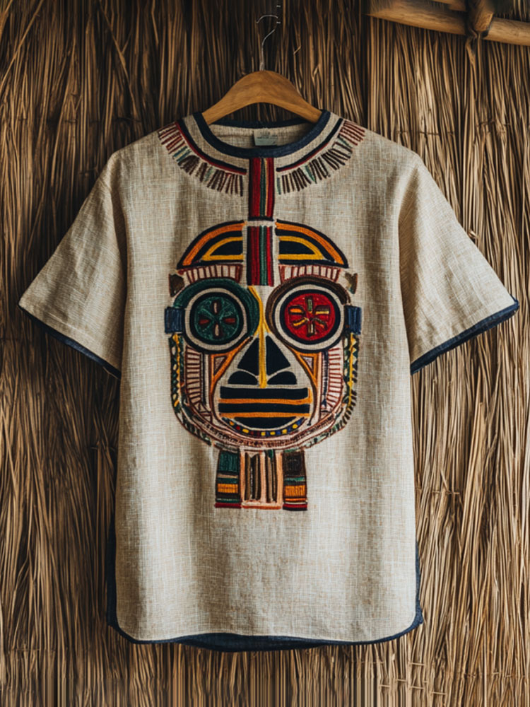 Men's Tribal African Masks Embroidery Art Print Linen T-shirt